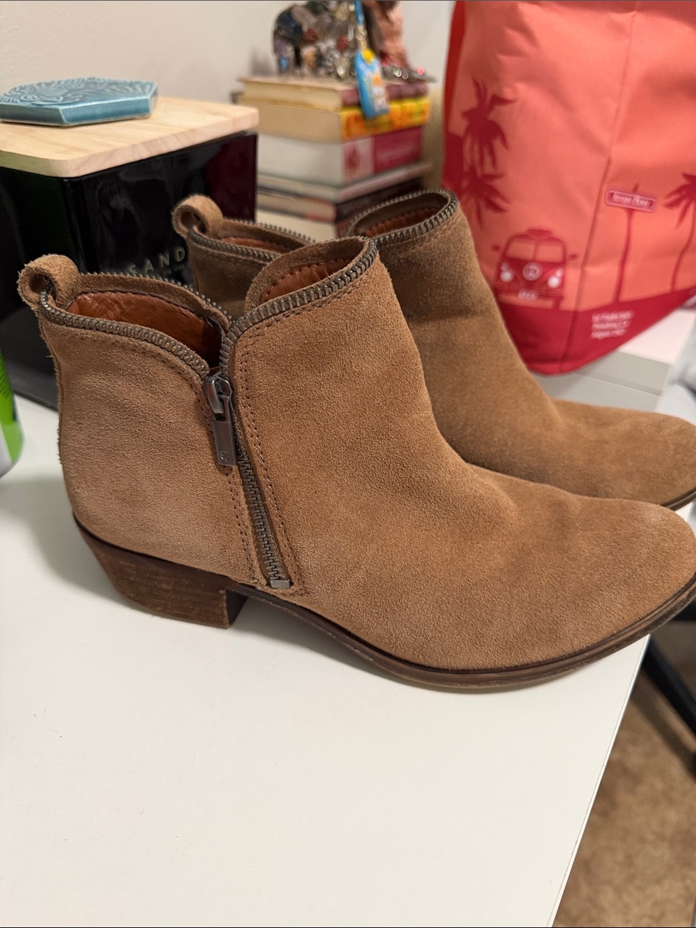 Lucky Brand Tan Suede Low Heel Ankle Booties with Side Zip